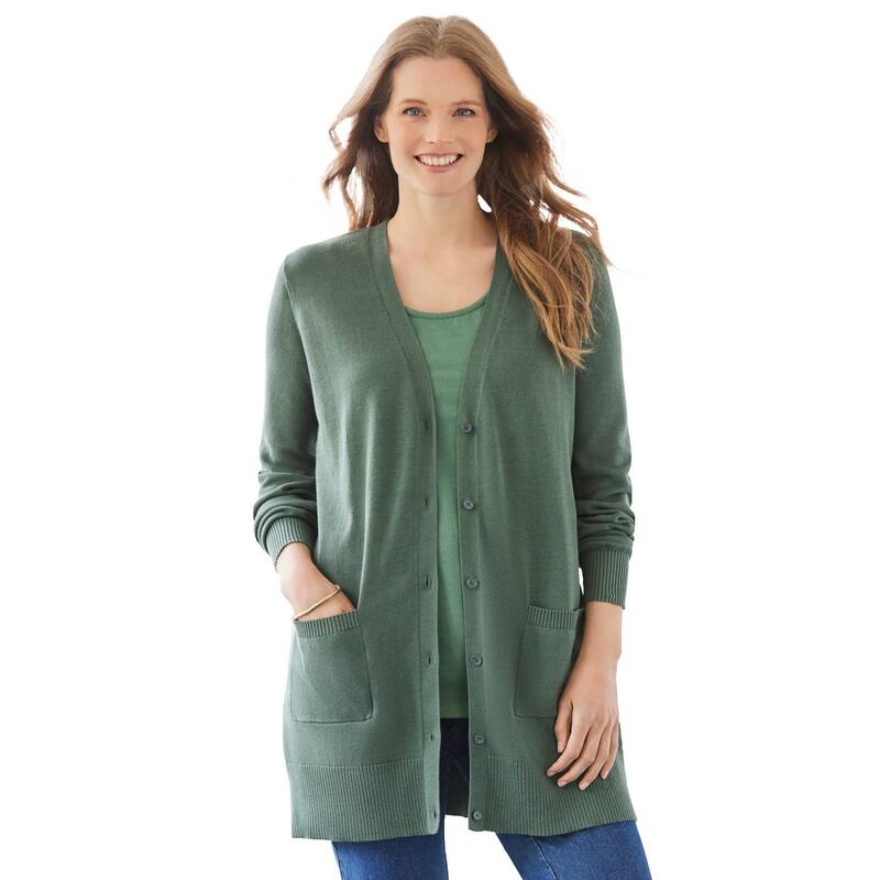 ウーマン ウィズイン レディース アウター ニット・セーター プラスサイズ コットン カーディガン Woman Within Plusize Perfect Longer-Length Cotton Cardigan Sweater Pine