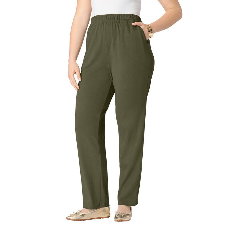 ロアマンズ レディース ボトムス カジュアルパンツ ストレート プラスサイズ ニット Roaman's Women's Plusize Soft Knit Relaxed Pull-On Straight Leg Pant Dark Olive Green グリーン