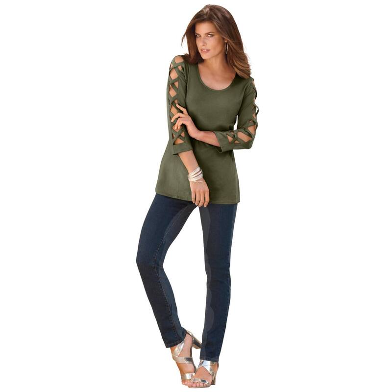 ロアマンズ レディース トップス Tシャツ プラスサイズ Roaman's Women's Plusize Ultimate Lattice Sleeve Tee Dark Olive Green グリーン|ReVida 店