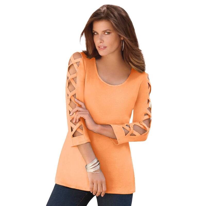 ロアマンズ レディース トップス ティーシャツ つけ加える大いさ Roaman\u0027s Women\u0027s Plusize Ultimate Lattice Sleeve Tee Orange Melon オレンジ色 トップス-Tシャツ・カットソー-レディースファッション