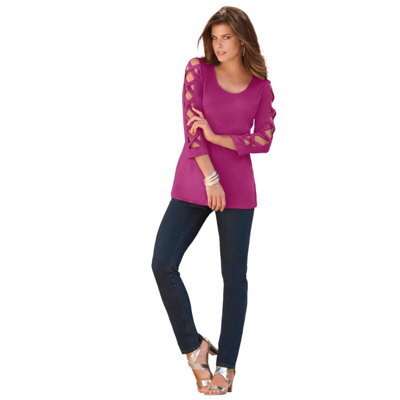 ロアマンズ レディース トップス ティーシャツ つけ加える大いさ Roaman\u0027s Women\u0027s Plusize Ultimate Lattice Sleeve Tee Raspberry レディースファッション-Tシャツ・カットソー-トップス
