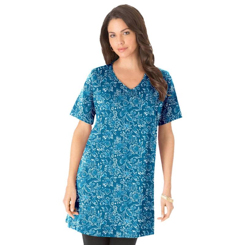 ロアマンズ レディース トップス Tシャツ Vネック プラスサイズ コットン Roaman's Women's Plusize Ultimate Cotton V-Neck Short Sleeve Tunic Deep Teal Batik ティール