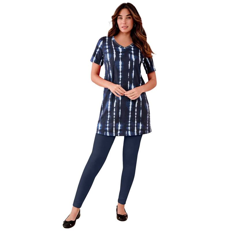 ロアマンズ レディース トップス Tシャツ Vネック プラスサイズ コットン Roaman's Women's Plusize Ultimate Cotton V-Neck Short Sleeve Tunic Navy Variegated Tie ネイビー