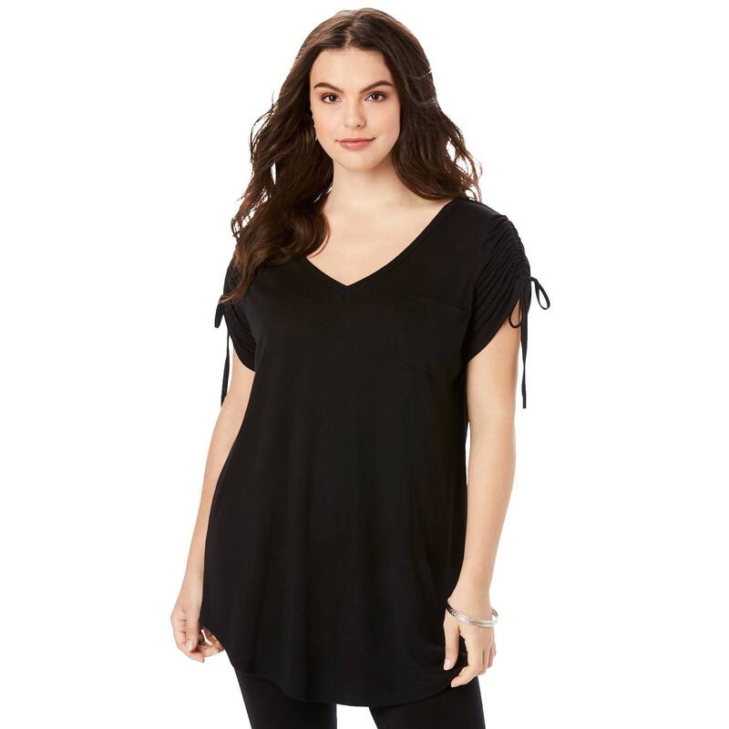 ロアマンズ レディース トップス プルオーバー 足し加える大きさ ギャザー Roaman\u0027s Women\u0027s Plusize Ruched Sleeve Ultra Femme Tunic Black 黒いこと
