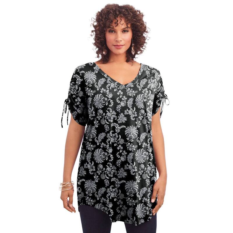 ロアマンズ レディース トップス プルオーバー 足し加える大きさ ギャザー Roaman\u0027s Women\u0027s Plusize Ruched Sleeve Ultra Femme Tunic Black White Vines 白いこと