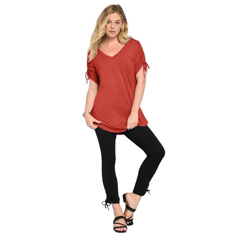ロアマンズ レディース トップス プルオーバー 足し加える大きさ ギャザー Roaman\u0027s Women\u0027s Plusize Ruched Sleeve Ultra Femme Tunic Burnt Red 赤いこと