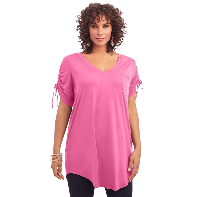 ロアマンズ レディース トップス プルオーバー つけ加える大きさ ギャザー Roaman\u0027s Women\u0027s Plusize Ruched Sleeve Ultra Femme Tunic Vintage Rose