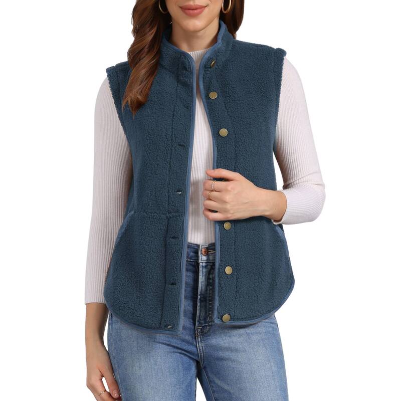 アレグラ ケー レディース アウター 上衣・上衣 つけ加える大いさ より良い ノースリーブ フリース ALLEGRA K Womens Fleece Vest Soft Plush Outerwear with Pockets Buttonsleeveless Fuzzy Jacket Vest Dark Blue 青色 コート・ジャケット-レディースファッション