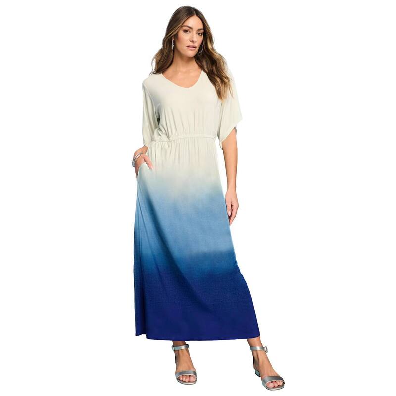 ロアマンズ レディース トップス ワンピース プラスサイズ ニット マキシ Roaman's Women's Plusize Stretch Knit Dolman Sleeve Maxi Dress Blue Ombre Border ブルー