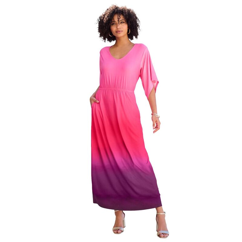 ロアマンズ レディース トップス ワンピース プラスサイズ ニット マキシ Roaman's Women's Plusize Stretch Knit Dolman Sleeve Maxi Dress Rose Ombre Border