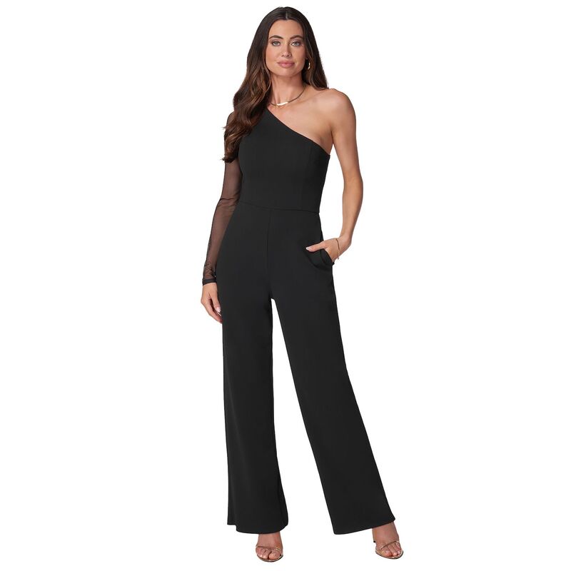 ベベ レディース トップス 衣装 メッシュ 飛び降りる背広 Women\u0027s bebe One Shoulder Mesh Sleeve Jumpsuit Black 黒いこと