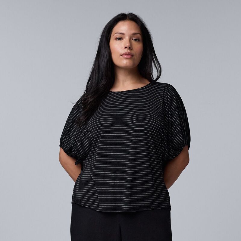 ヴェラウォン レディース トップス Tシャツ プラスサイズ Plusize Simply Vera Wang Bubble Sleeve T-Shirt Black Cream Stripe クリーム