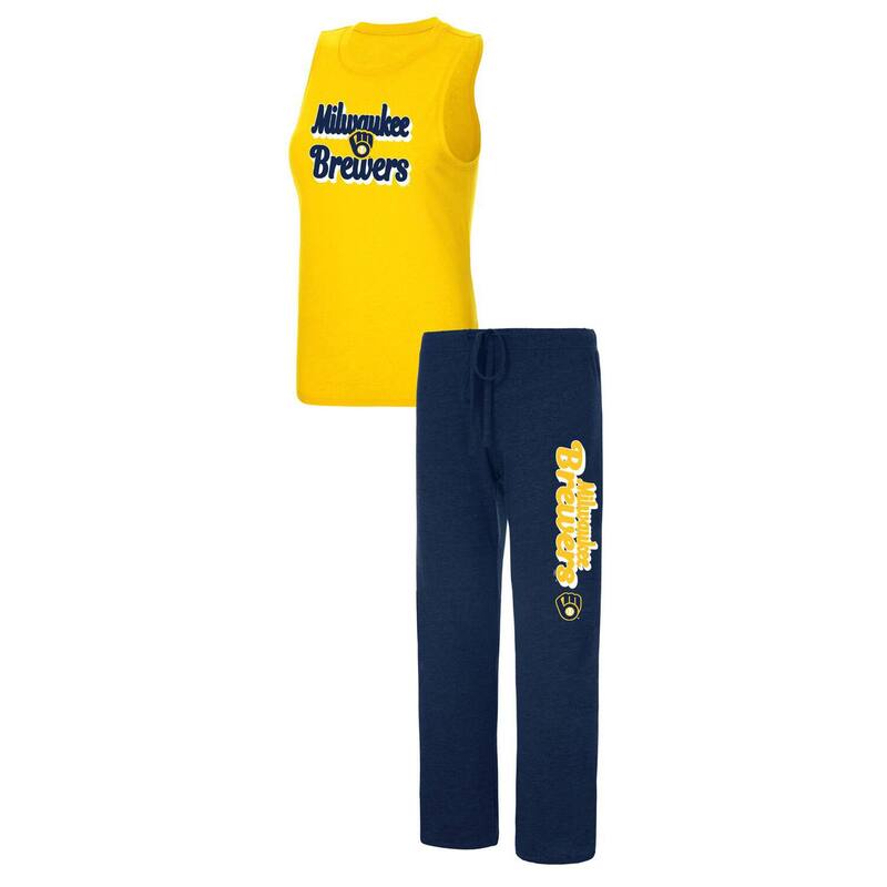 アンブランデッド レディース アンダーお召しもの ナイト爵お召しもの ズボン下 Unbranded Women\u0027s Conceptsport Navy/Gold Milwaukee Brewers Wordmark Meter Muscle Tank Top \u0026 Pantsleep Set Brw Navy 米国海軍 レディース-ナイトウェア・ルームウェア-パジャマ
