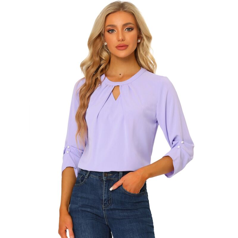 アレグラ ケー レディース トップス シャツ シフォン プリーツ ギャザー ブラウス ALLEGRA K Women Work Office Keyhole Pleated Front Ruched 3/4 Sleeve Shirt Chiffon Blouse Purple パープル