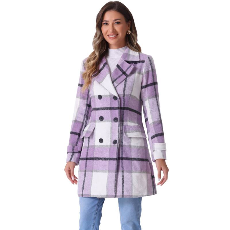 【送料無料】 アレグラ ケー レディース ジャケット・ブルゾン アウター Women's Notched Lapel Long Sleeves Double Breasted Plaids Overcoat Purple
