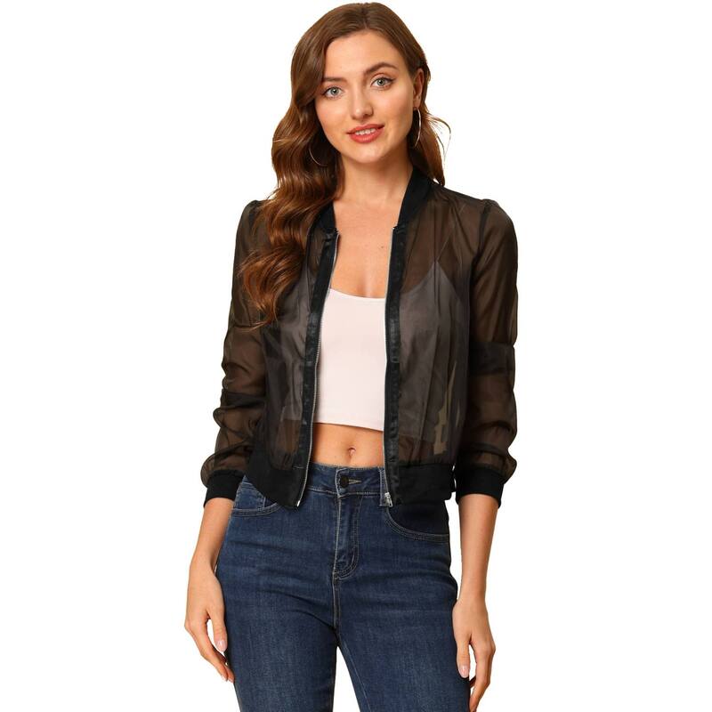 アレグラ ケー レディース アウター 上衣・上衣 ALLEGRA K Women\u0027s Long Sleeves Zip Up See Through Lightweight Bomber Jacket Black 黒いこと