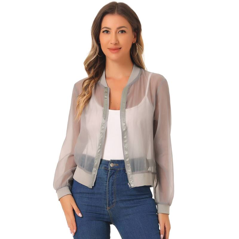 アレグラ ケー レディース アウター ジャケット・ブルゾン ALLEGRA K Women Long Sleeves Zip Up See Through Lightweight Bomber Jacket Gray グレー