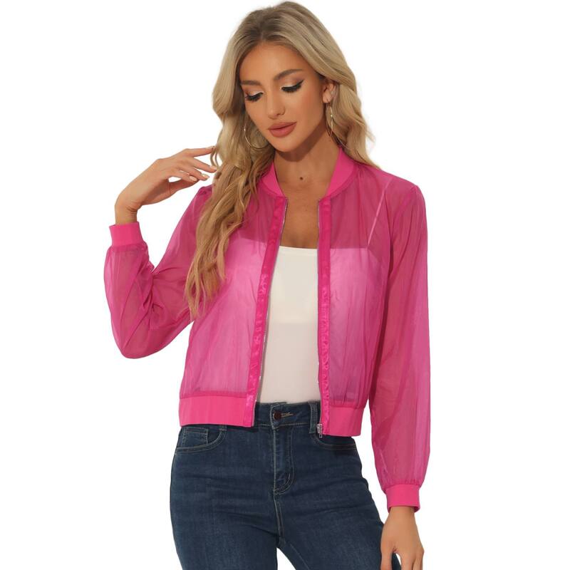 アレグラ ケー レディース アウター 上衣・上衣 ALLEGRA K Women\u0027s Long Sleeves Zip Up See Through Lightweight Bomber Jacket Hot Pink サクラ色