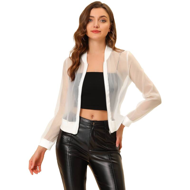アレグラ ケー レディース アウター 上衣・上衣 ALLEGRA K Women\u0027s Long Sleeves Zip Up See Through Lightweight Bomber Jacket White 白いこと