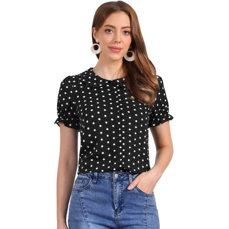 アレグラ ケー レディース トップス シャツ ドット ALLEGRA K Women's Polka Dots Doll Collar Puffy Short Sleeve Shirtop Black White ホワイト