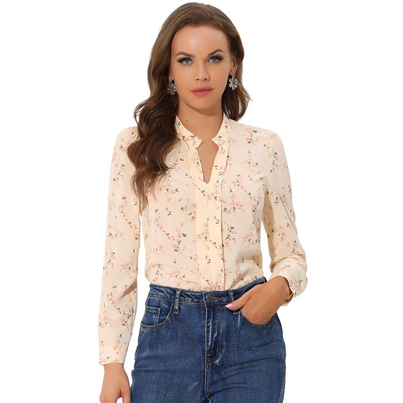 アレグラ ケー レディース トップス シャツ Vネック フラワー柄 プリント ブラウス フラワー ALLEGRA K Women's Floral Print V Neck Office Long Sleeve Blouse Apricot アプリコット