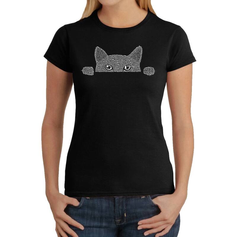 エルエーポップアート レディース トップス Tシャツ LA Pop Art Peeking Cat - Women's Word Art-Shirt Black ブラック