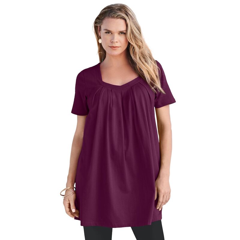 ロアマンズ レディース トップス Tシャツ プラスサイズ Roaman's Women's Plusize Ultimate Pleatneck Tunic Dark Berry|ReVida 店