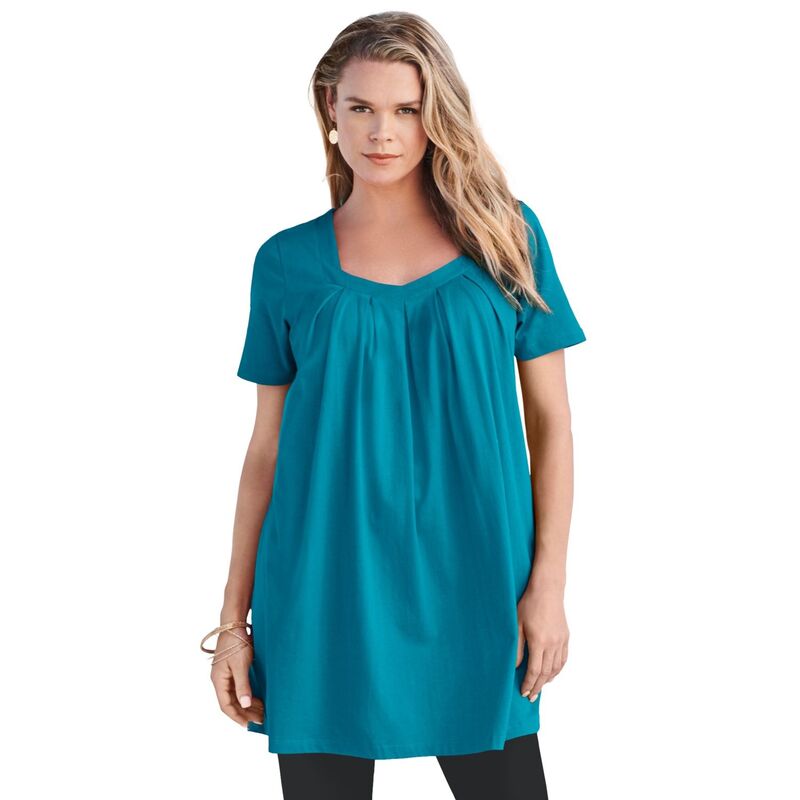 ロアマンズ レディース トップス Tシャツ プラスサイズ Roaman's Women's Plusize Ultimate Pleatneck Tunic Deep Turquoise ターコイズ|ReVida 店