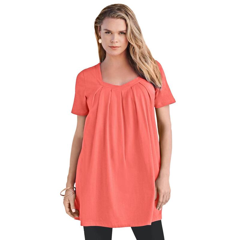 ロアマンズ レディース トップス Tシャツ プラスサイズ Roaman's Women's Plusize Ultimate Pleatneck Tunic Sunset Coral コーラル