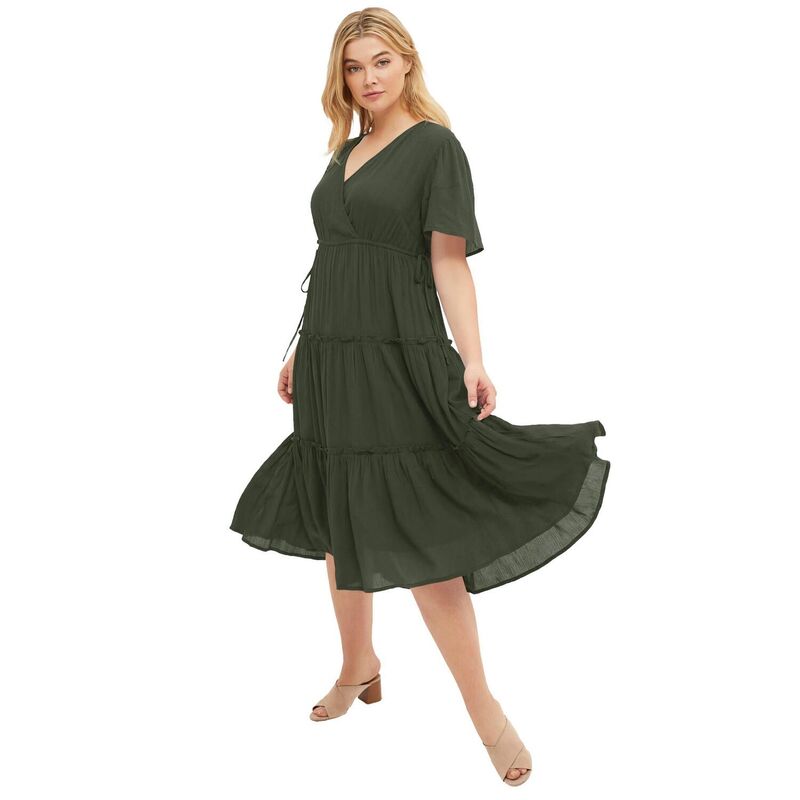 Ellos レディース トップス 衣装 ティアード つけ加える大きさ midi Ellos Plusize Tiered Midi Dress With Surplice Neckline Deep Olive オリーブ