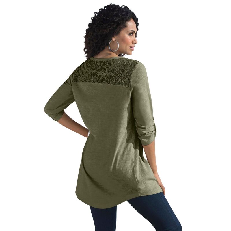 ロアマンズ レディース トップス プルオーバー つけ加える大きさ スピード競技 Roaman\u0027s Women\u0027s Plusize Textured Lace Trimmed Tunic Dark Olive Green 緑であること