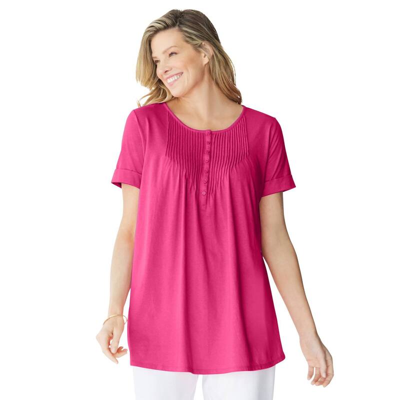成人女性 ウィズはたご屋 レディース トップス ティーシャツ つけ加える大いさ 半袖 Woman Within Plusize Short-Sleeve Pintucked Henley Tunic Raspberry Sorbet Tシャツ・カットソー-トップス
