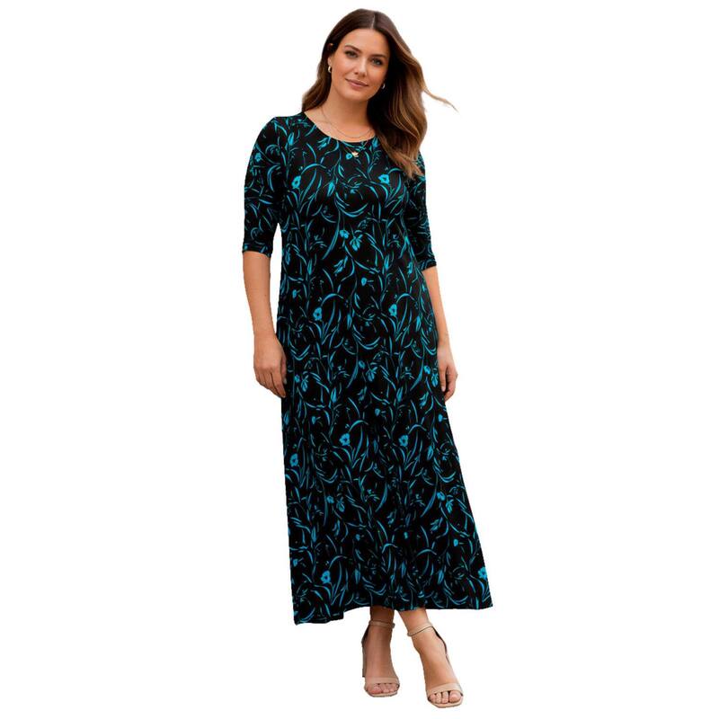 ロアマンズ レディース トップス 衣装 つけ加える大きさ 編み物 マキシ Roaman\u0027s Women\u0027s Plusize Stretch Knit High Low Short Sleeve Maxi Dress Black Painterly Vine 黒いこと