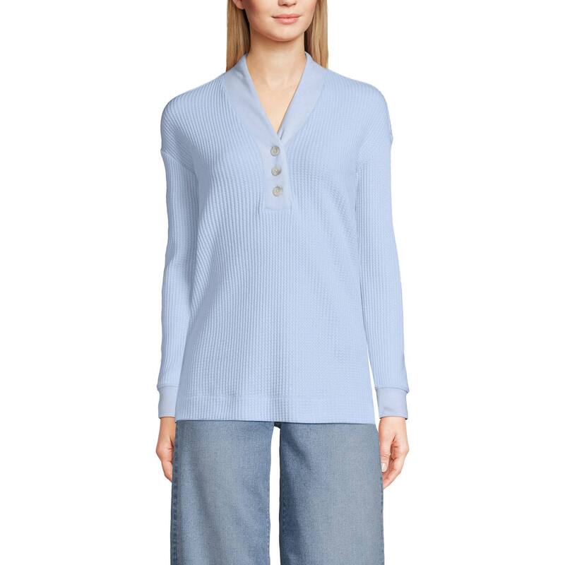 ランズ挙げ句の果て レディース トップス ティーシャツ Women\u0027s Lands\u0027 End Waffle Shawl Collar Henley Long Sleeve Top Clearlake Blue 青色 トップス-Tシャツ・カットソー-レディースファッション