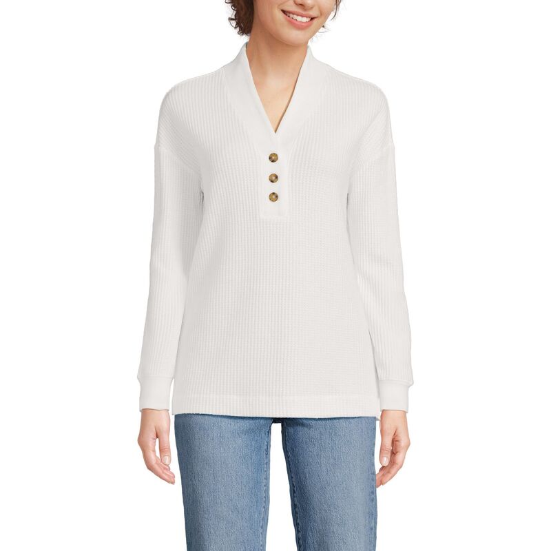 ランズ挙げ句の果て レディース トップス プルオーバー Women\u0027s Lands\u0027 End Waffle Shawl Collar Henley Long Sleeve Top Ivory 象牙色