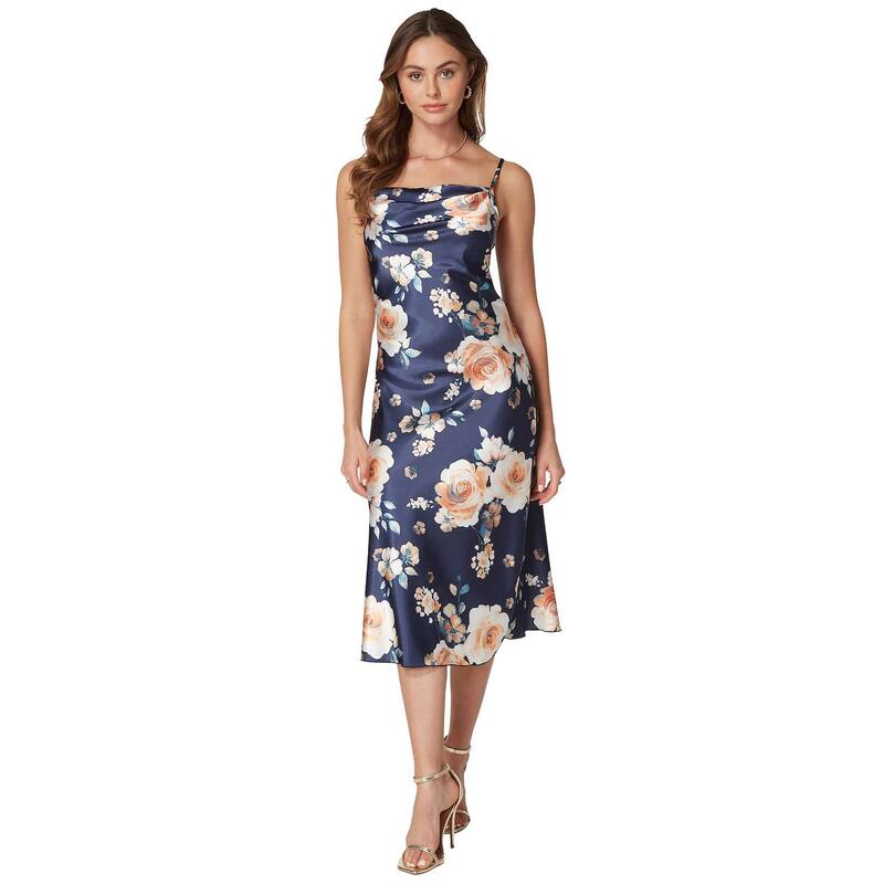 ベベ レディース トップス ワンピース プリント ミディ サテン Women's bebe Print Satin Slip Midi Dress Navy Cream クリーム