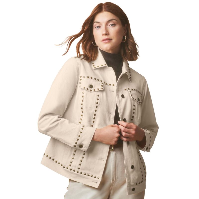 ジェシカロンドン レディース アウター ジャケット・ブルゾン プラスサイズ デニム Jessica London Women's Plusize Long Denim Jacket Oatmeal Studs オートミール 16,045円