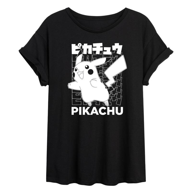 アニメキャラクター レディース トップス Tシャツ グラフィック Licensed Character Juniors' Pokmon Pikachu Kanji Oversized Graphic Tee Black ブラック