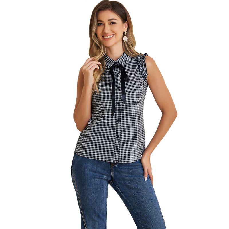 アレグラ ケー レディース トップス シャツ ギンガムチェック フリル ノースリーブラウス ギンガム ALLEGRA K Women's Bow Tie Neck Ruffle Trim Sleeveless Gingham Office Shirt Blouse Dark Blue ブルー|ReVida 店