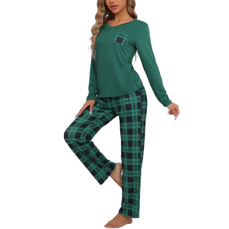 cheibear レディース アンダー御召しもの ナイト爵御召しもの cheibear Pajamaset for Women Long Sleeve Plaid Soft Pajamaset Lounge Sets with Pockets Green 緑であること