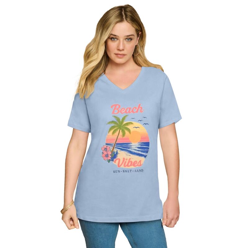 ロアマンズ レディース トップス ティーシャツ 付け加える大いさ グラフィック Roaman\u0027s Women\u0027s Plusize Graphic Tee Pale Blue Beach Vibes 青色 Tシャツ・カットソー-レディースファッション-トップス