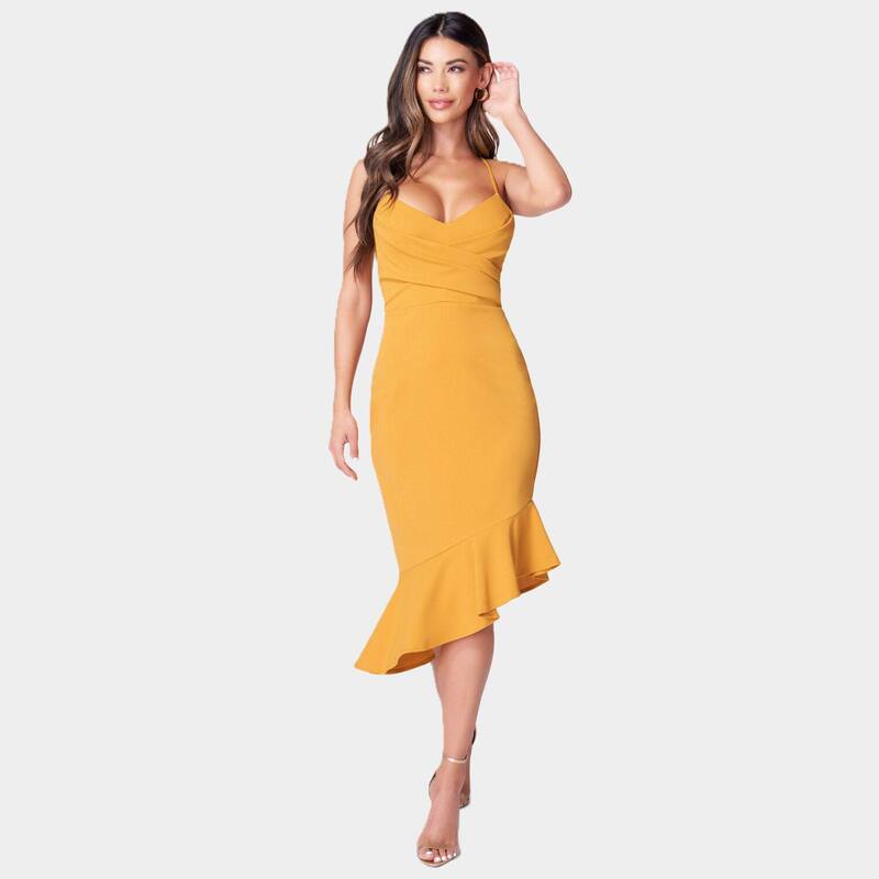 ベベ レディース トップス ワンピース ミディ Women's bebe Cross Over Flounce Midi Dress Mustard マスタード