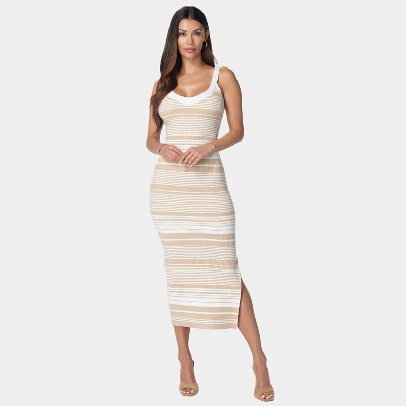 【送料無料】 ベベ レディース ワンピース トップス Women's bebe Striped Sweater Midi Dress Cream