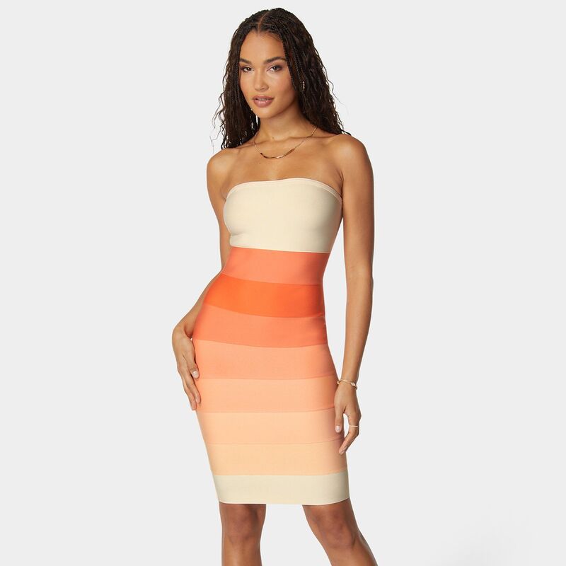 ベベ レディース トップス ワンピーストラップレス Women's bebe Strapless Bandage Dress Peach Multi ピーチ|ReVida 店