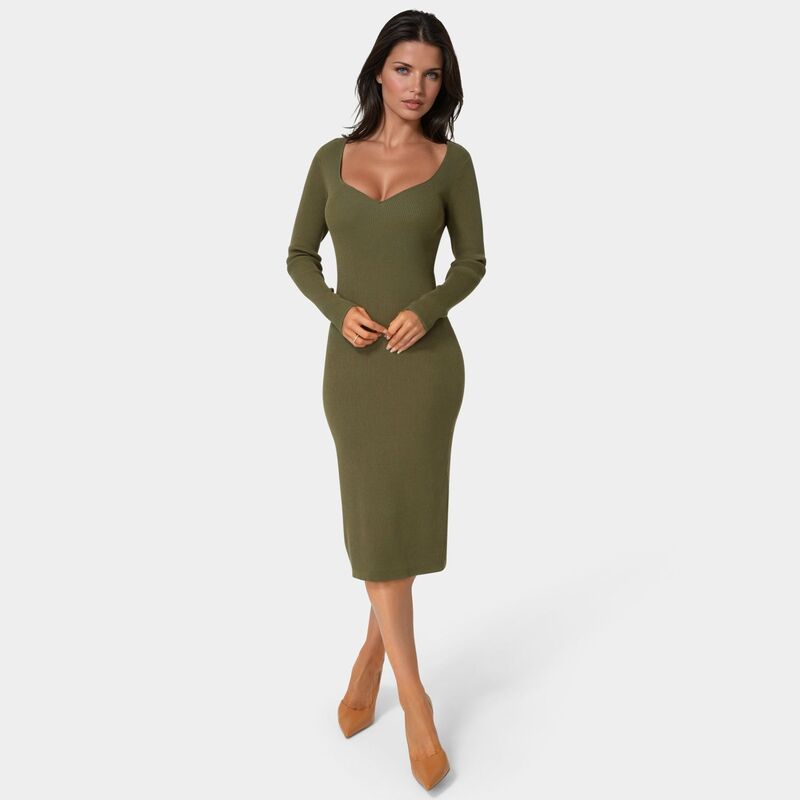 ベベ レディース トップス ワンピース Vネック ミディ セーター Women's bebe Long Sleeve V-Neck Midi Sweater Dress Olive オリーブ