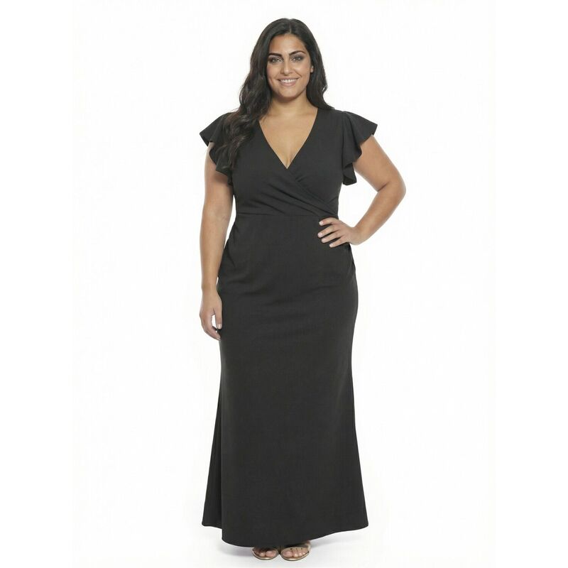 24 セブンコンフォート レディース トップス ワンピース Vネック プラスサイズ マキシ Plusize 24Seven Comfort Apparel V-Neck Tulip Hem Faux Wrap Maxi Dress Black ブラック｜ReVida 店