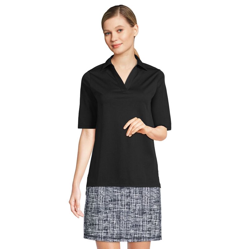 ランズ挙げ句の果て レディース トップス プルオーバー スポーツシャツ Women\u0027s Lands\u0027 End Performancelbow Sleeve Pique Polo Top Black 黒いこと