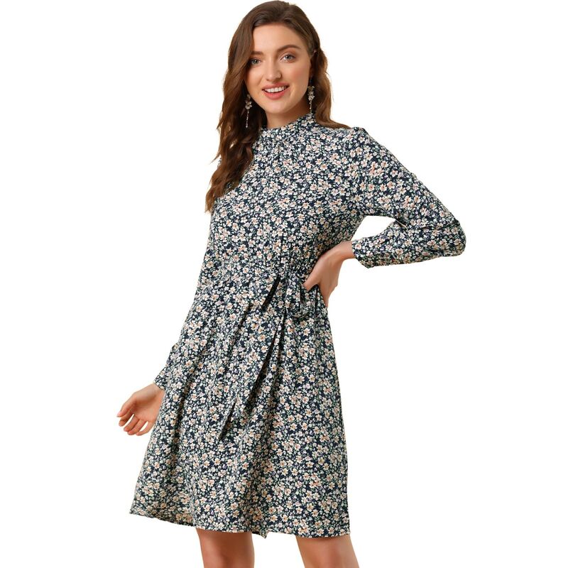 アレグラ ケー レディース トップス 衣装 お花柄 お花 ALLEGRA K Women\u0027s Floral Flare Tie Waist Smock Neck Long Sleeves Dress Navy 米国海軍 レディースファッション-ワンピース