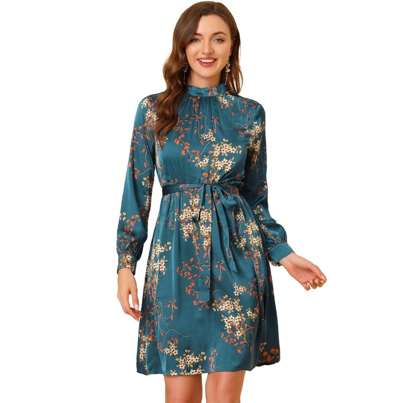 アレグラ ケー レディース トップス 衣装 お花柄 お花 ALLEGRA K Women\u0027s Floral Flare Tie Waist Smock Neck Long Sleeves Dressatin Peacock Blue 青色 ワンピース-レディースファッション