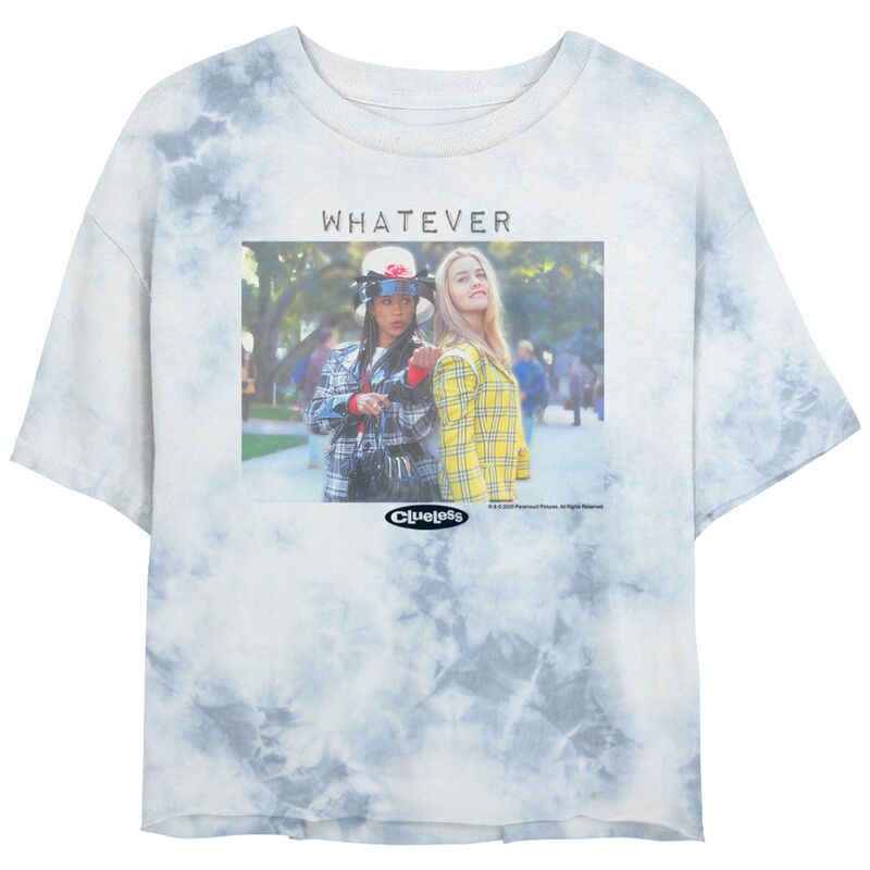 アニメキャラクター レディース トップス Tシャツ クロップド グラフィック Licensed Character Juniors' Clueless Dionne & Cher Whatever Portrait Bombard Wash Cropped Graphic Tee White Blue ホワイト